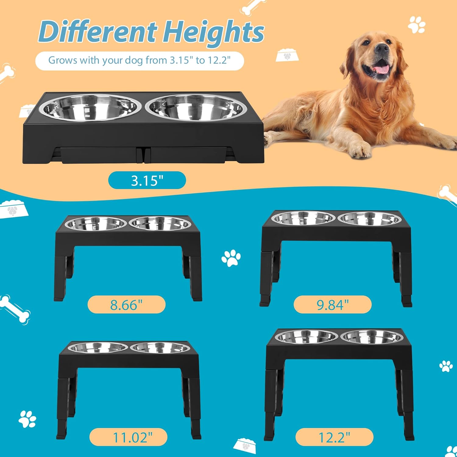 Elevated Dog Bowls with 2 Stainless Steel Dog Food Bowls, Raised Dog Bowl Adjusts to 5 Heights (3.15", 8.66", 9.84",11.02", 12.2") for Small Medium and Large Dogs