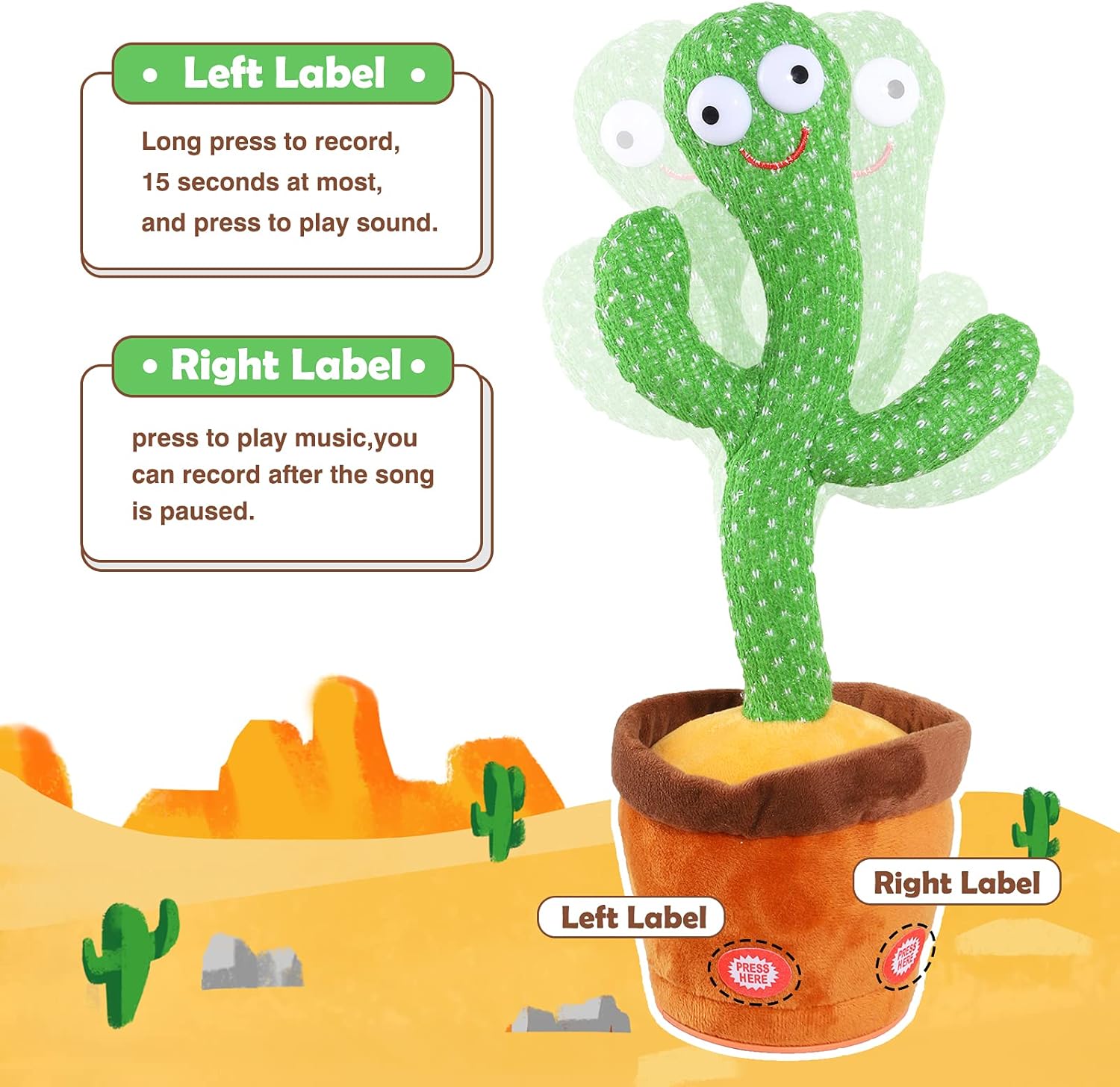 Kids Dancing Talking Cactus Toys for Baby Boys and Girls, Singing Mimicking Recording Repeating What You Say Sunny Cactus Electronic Light up Plush Toy with 120 English Songs Smart Toy