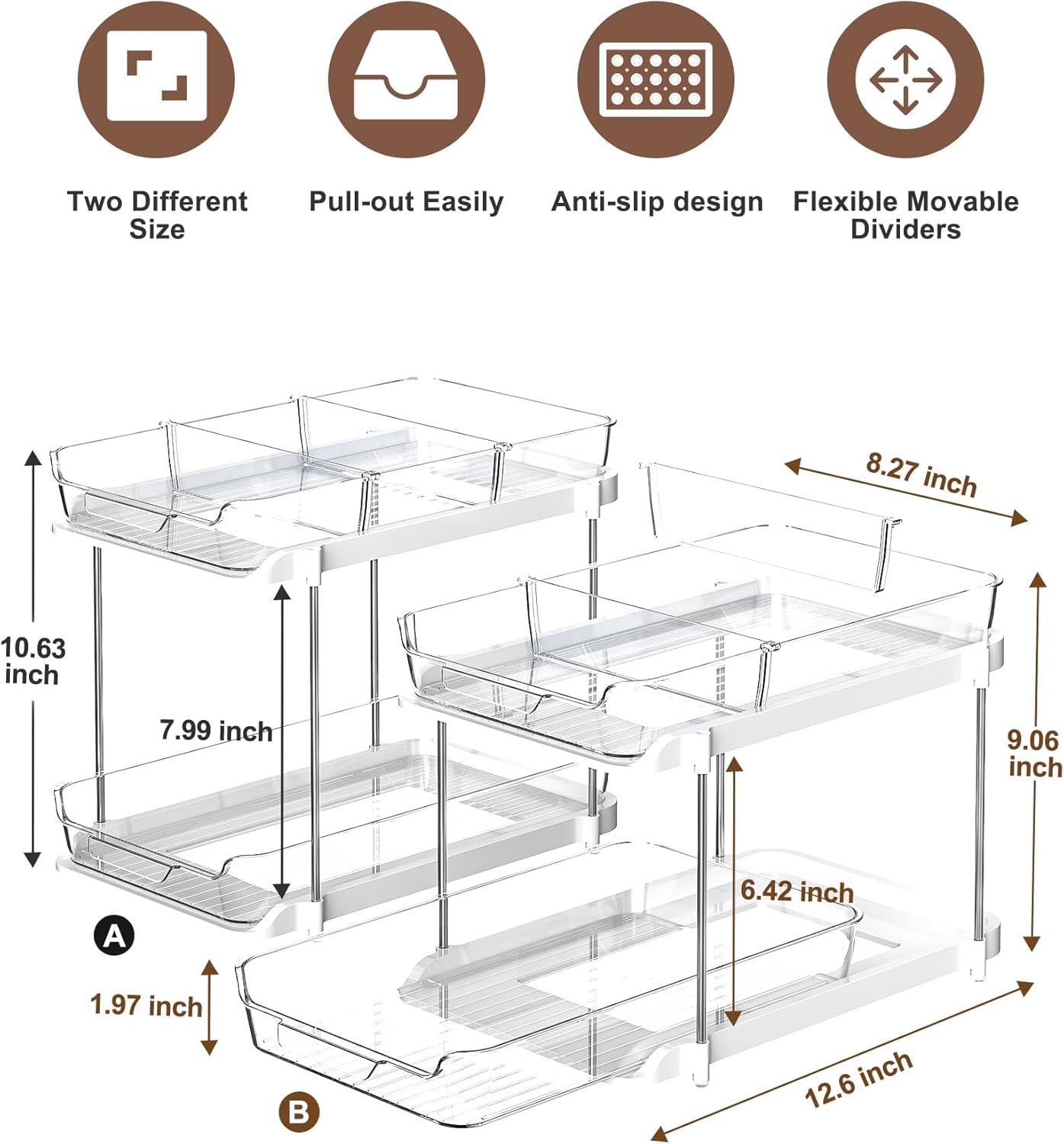 2 Sets of 2-Tier Multi-Purpose Bathroom under Sink Organizers and Storage, Stackable Kitchen Pantry Organization, Pull Out Medicine Cabinet Organizer with 8 Movable Dividers