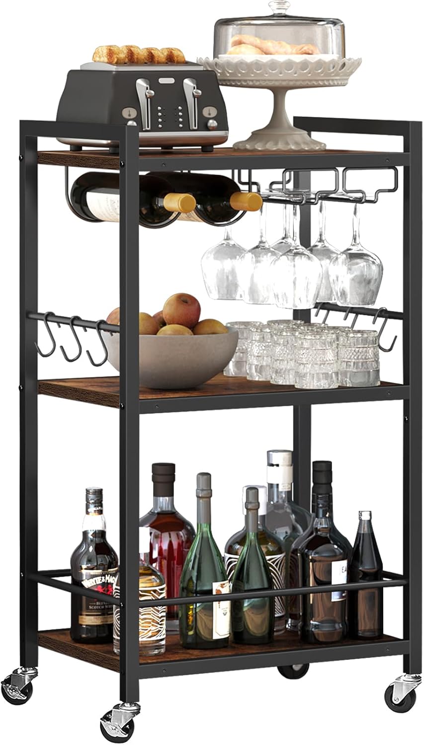 Bar Cart, Home Bar Serving Cart with 3-Tier Mirrored Shelf, Microwave Cart, Drink Cart, Mobile Kitchen Shelf with Wine Rack, Rolling Beverage Cart, Gold