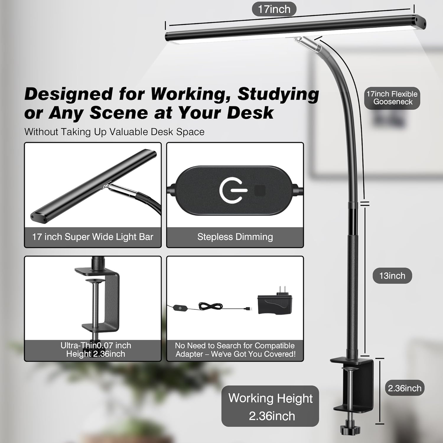 LED Desk Lamp for Office Home, Eye-Caring Desk Light with Stepless Dimming Adjustable Flexible Gooseneck, 10W USB Adapter Desk Lamp with Clamp for Reading, Study, Workbench (Black)