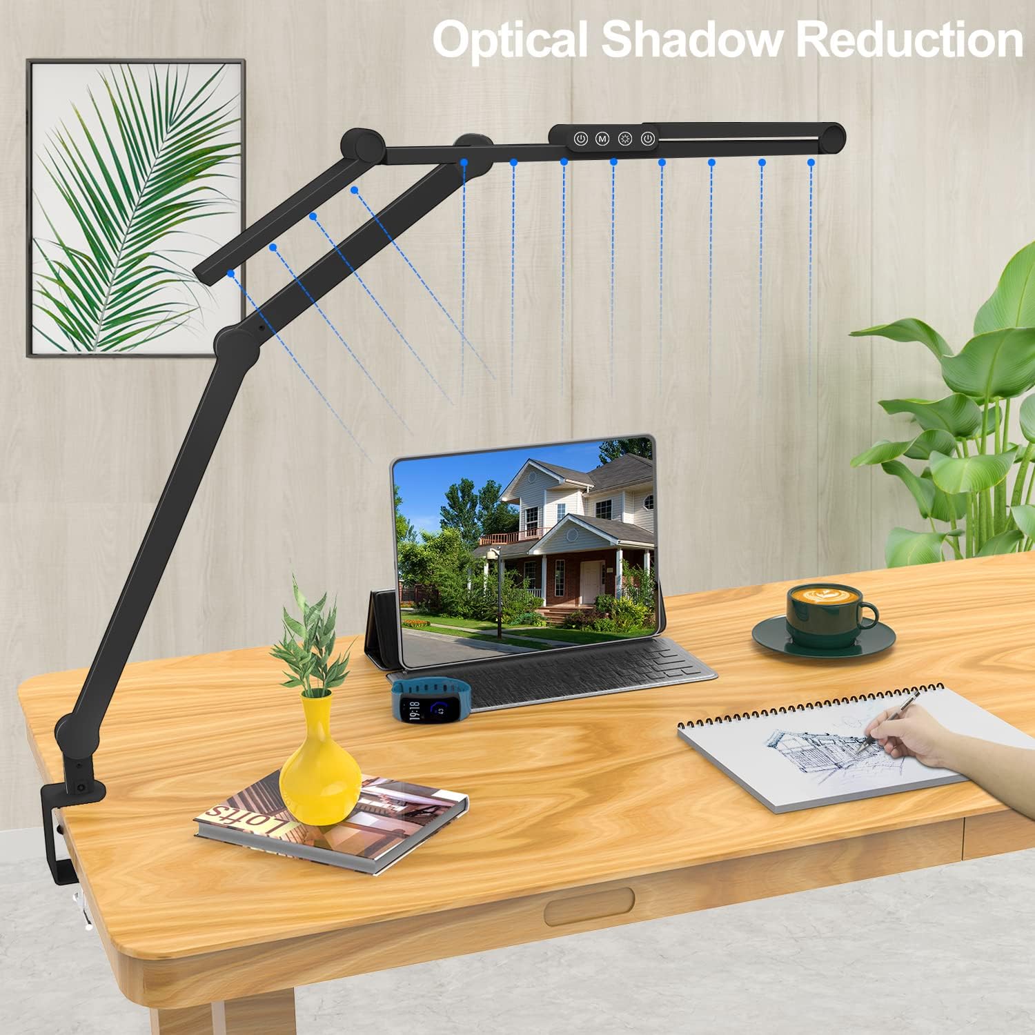 Led Desk Lamp with Clamp, Architect Desk Lamp for Home Office with Atmosphere Lighting, 24W Ultra Bright Auto Dimming Desk Light Stepless Dimming and Tempering LED Table Light