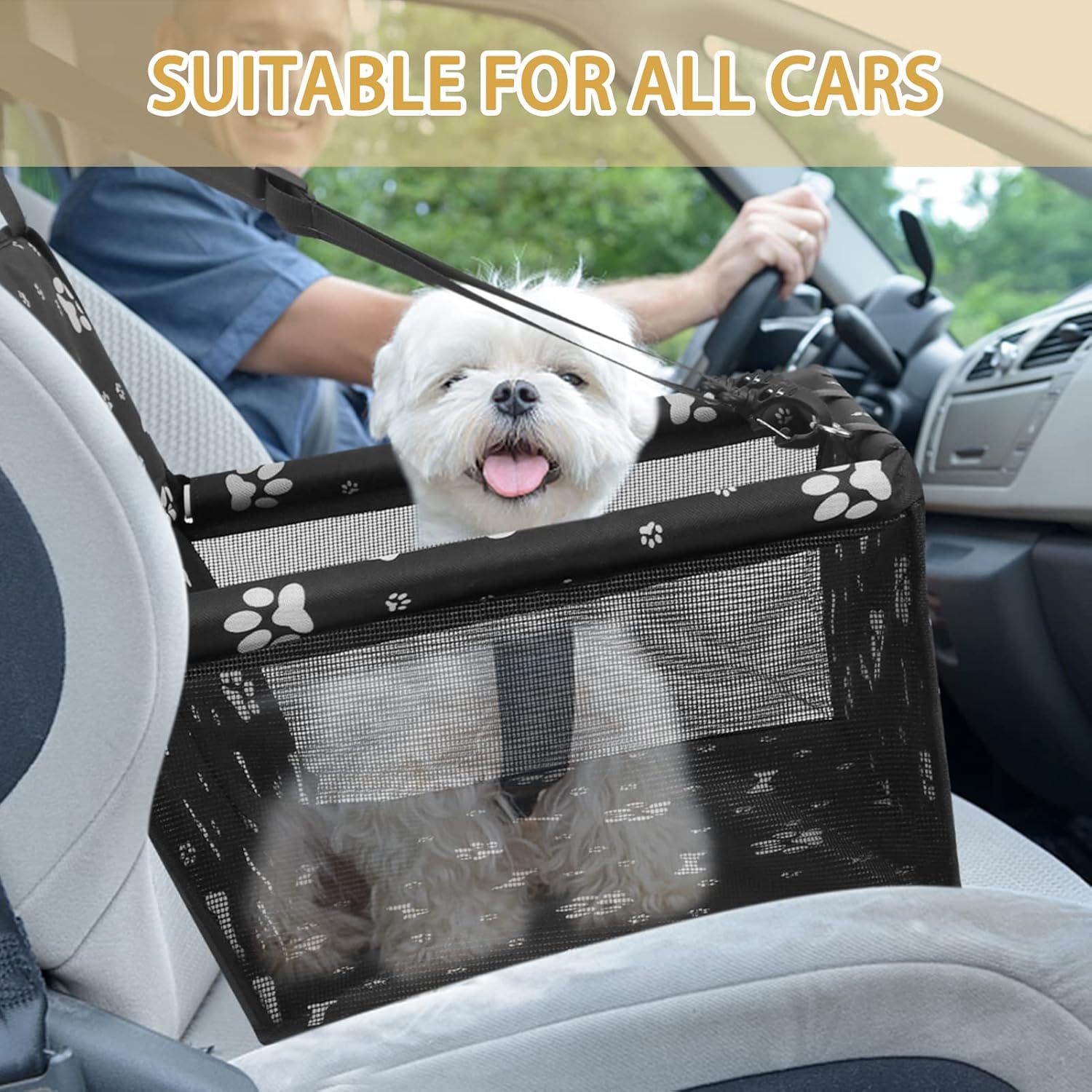 Dog Car Seat Foldable Dog Car Booster Seat Waterproof Breathable Oxford Travel Bag for Small to Medium Dogs, Puppies, and Pets-Pattern Black