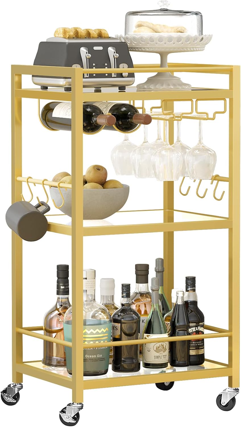 Bar Cart, Home Bar Serving Cart with 3-Tier Mirrored Shelf, Microwave Cart, Drink Cart, Mobile Kitchen Shelf with Wine Rack, Rolling Beverage Cart, Gold