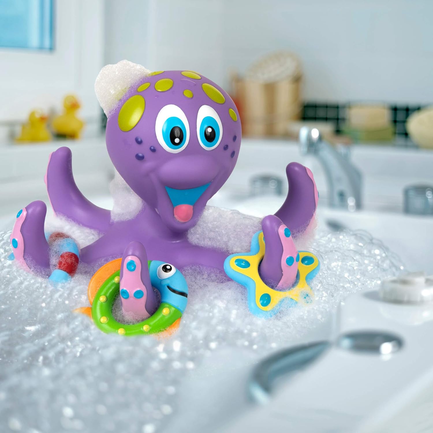 Floating Purple Octopus Toy with 3 Hoopla Rings - Baby Bath Toy for Boys and Girls 18+ Months