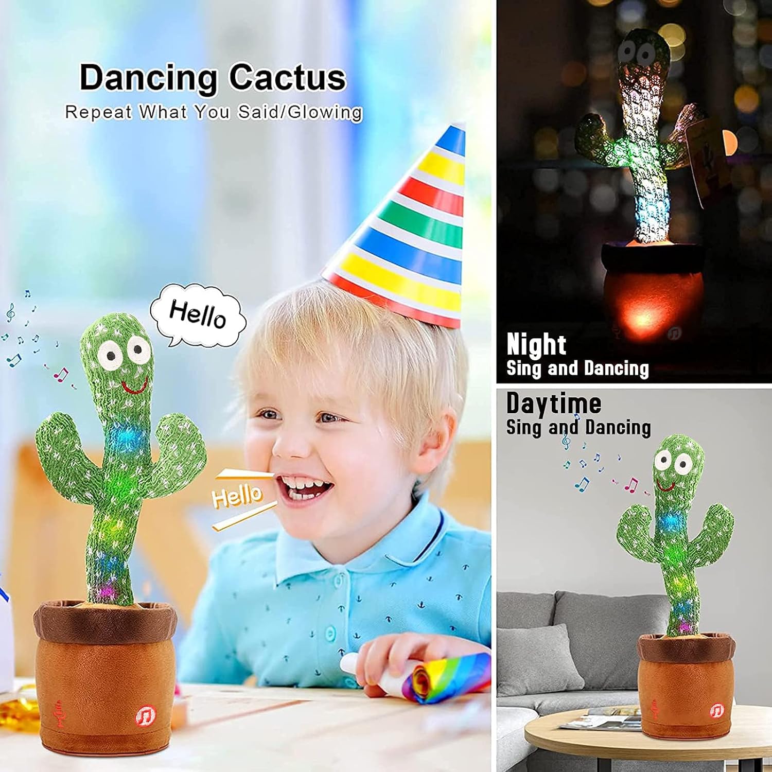 Dancing Cactus Baby Toys 6 to 12 Months, Talking Cactus Toys Repeats What You Say Baby Boy Toys, Dancing Cactus Mimicking Toy with LED English Sing Talking Musical Toys