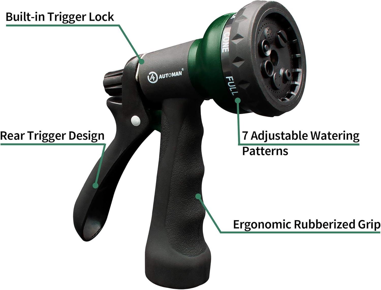 -Garden-Hose-Nozzle,Abs Water Spray Nozzle with Heavy Duty 7 Adjustable Watering Patterns,Slip Resistant for Plants,Lawn,Washing Cars,Cleaning,Showering Pets & Outdoor Fun.