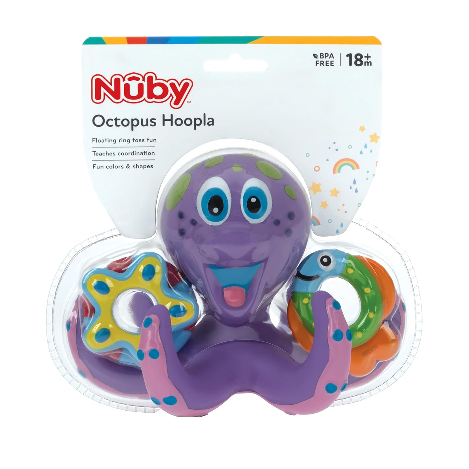 Floating Purple Octopus Toy with 3 Hoopla Rings - Baby Bath Toy for Boys and Girls 18+ Months