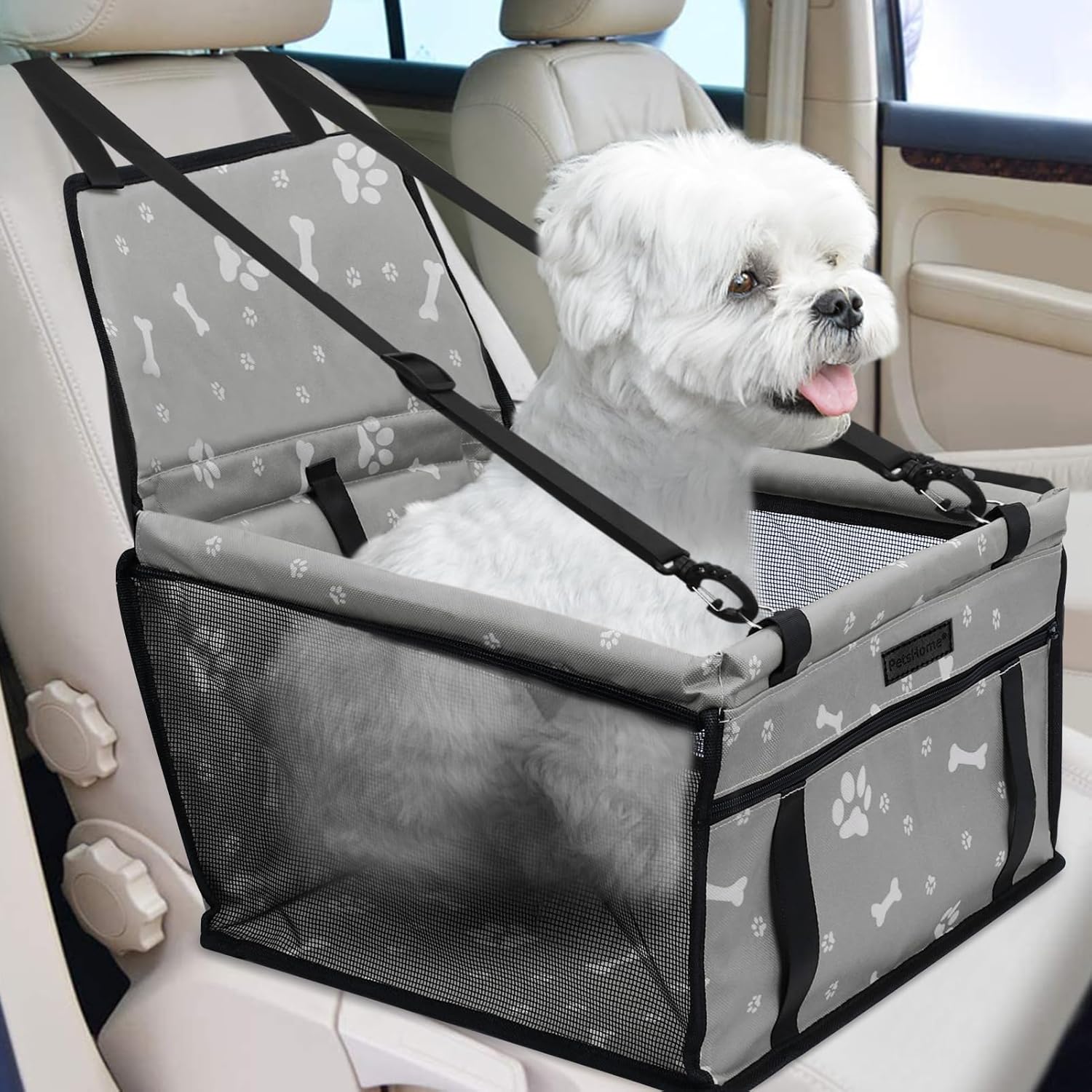 Dog Car Seat Foldable Dog Car Booster Seat Waterproof Breathable Oxford Travel Bag for Small to Medium Dogs, Puppies, and Pets-Pattern Black