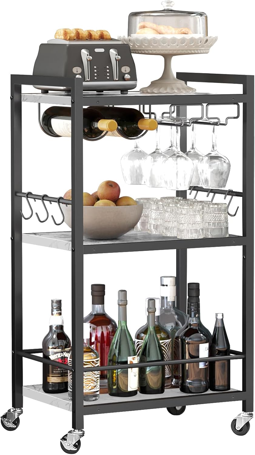 Bar Cart, Home Bar Serving Cart with 3-Tier Mirrored Shelf, Microwave Cart, Drink Cart, Mobile Kitchen Shelf with Wine Rack, Rolling Beverage Cart, Gold