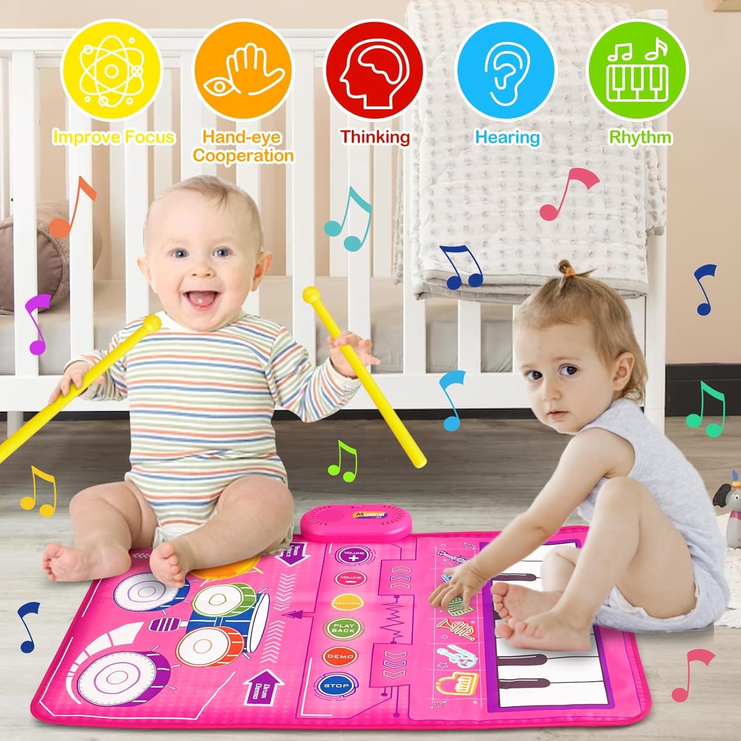 1 2 3 Year Old Girl Birthday Gift Toys, 2 in 1 Musical Toys for Toddlers 1-3 Piano Keyboard & Drum Mat with 2 Drum Sticks Toddler Toys Age 1-2, Baby Toys for 1 Year Old Toys for 2 Year Old Girl