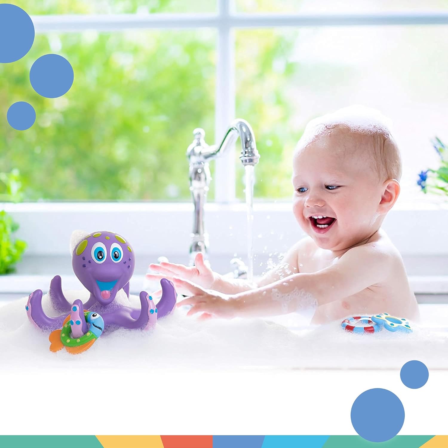 Floating Purple Octopus Toy with 3 Hoopla Rings - Baby Bath Toy for Boys and Girls 18+ Months