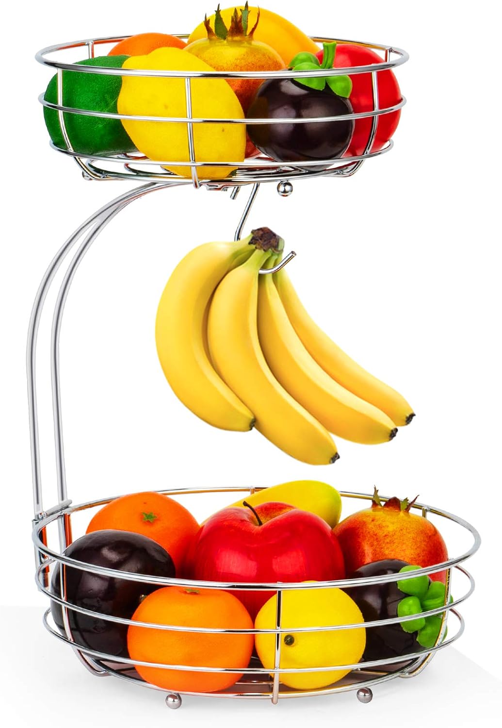 Iron 2-Tier Countertop Fruit Vegetables Basket Bowl Storage with Banana Hanger, Black, 64 Ounces