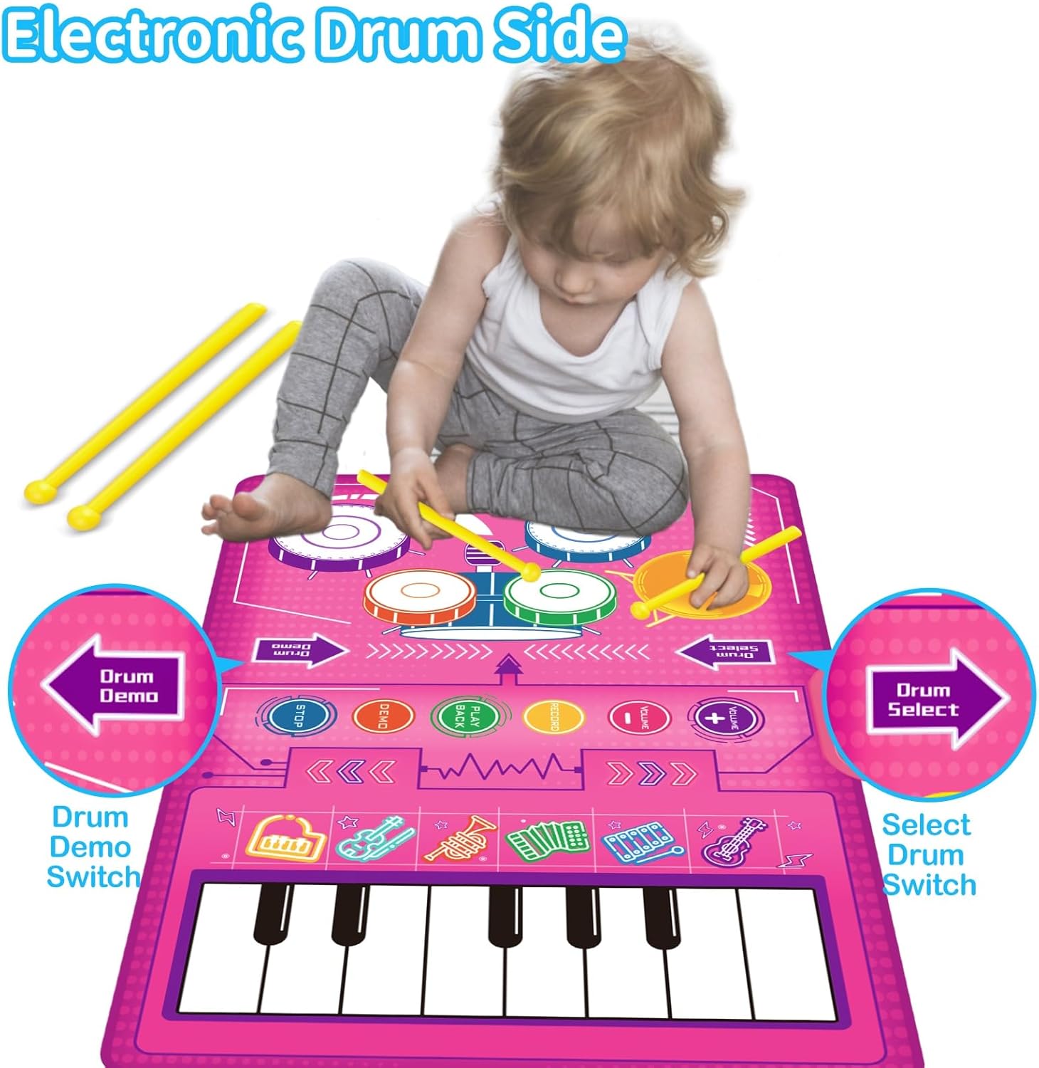 1 2 3 Year Old Girl Birthday Gift Toys, 2 in 1 Musical Toys for Toddlers 1-3 Piano Keyboard & Drum Mat with 2 Drum Sticks Toddler Toys Age 1-2, Baby Toys for 1 Year Old Toys for 2 Year Old Girl