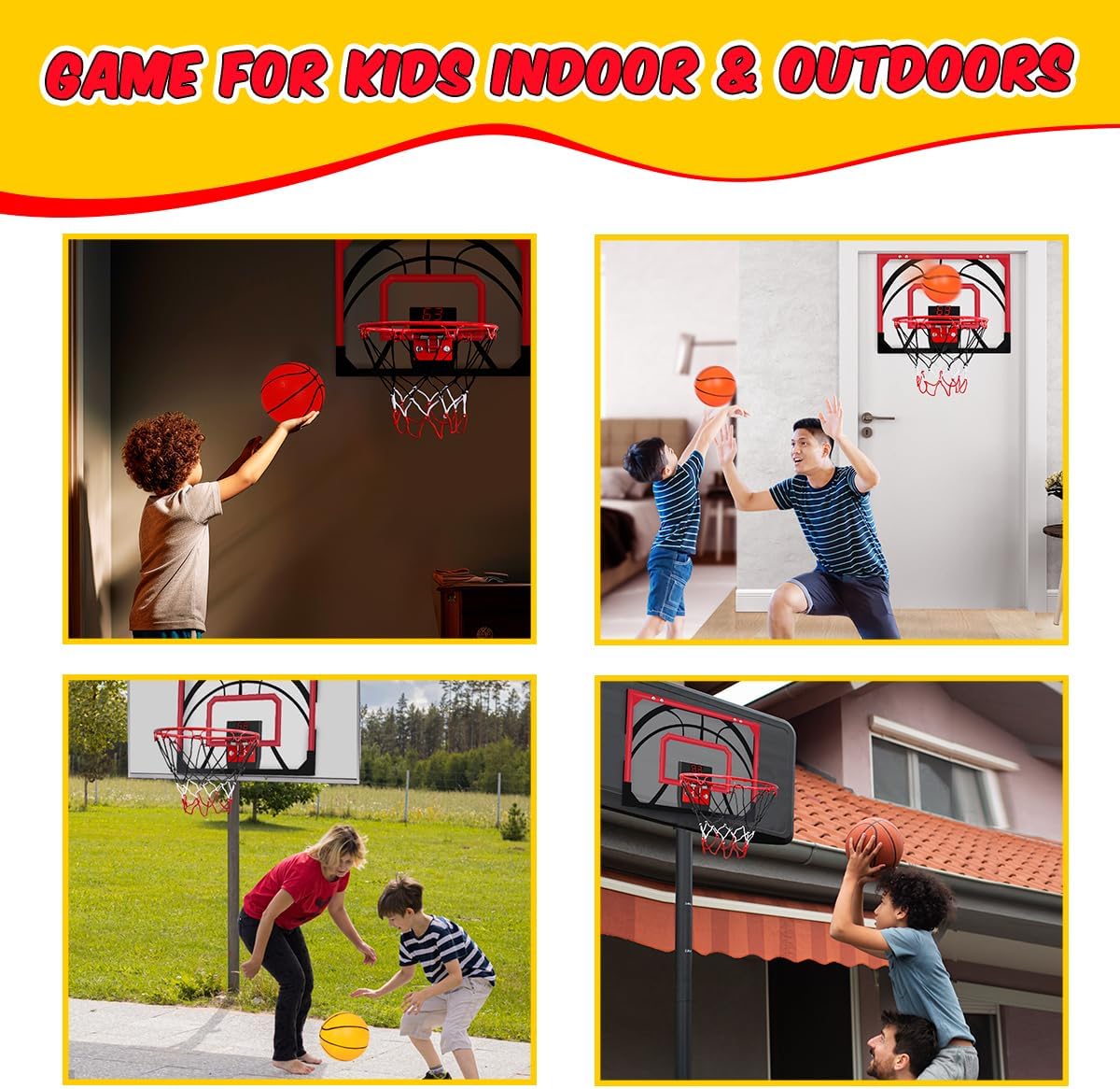 Indoor Basketball Hoop for Kids，Over the Door Basketball Hoop with Electronic Scoreboard, 4 Balls & Air Pump, Mini Basketball Hoop Toys Gifts for 5-12 Year Old Boys Girls