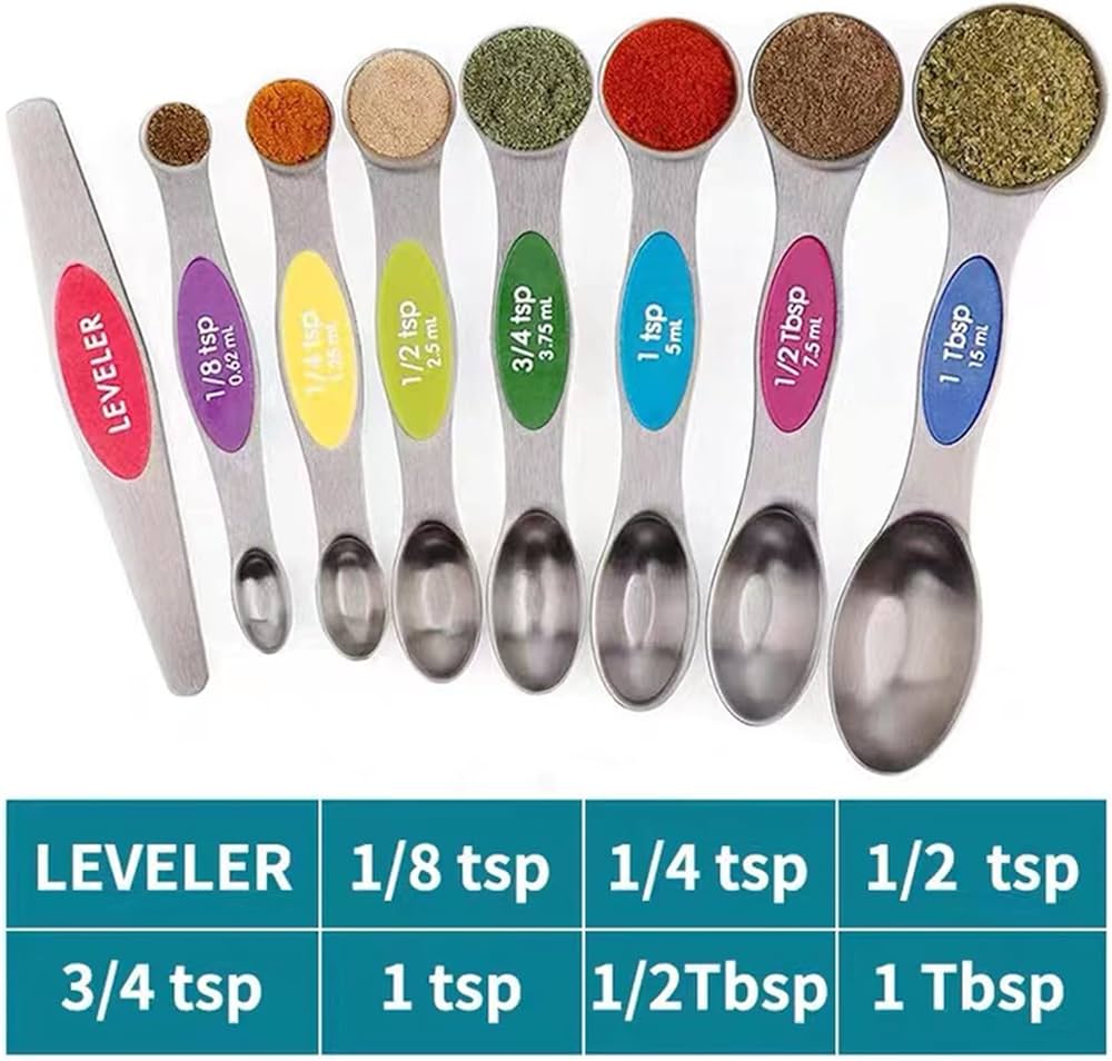 Magnetic Measuring Spoon Set, Double-Sided, Stainless Steel, Suitable for Seasoning Cans, 8-Piece Set