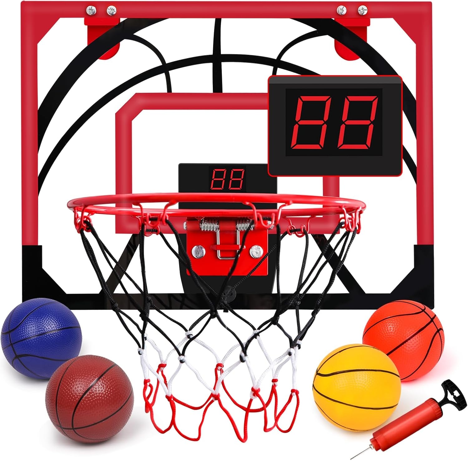 Indoor Basketball Hoop for Kids，Over the Door Basketball Hoop with Electronic Scoreboard, 4 Balls & Air Pump, Mini Basketball Hoop Toys Gifts for 5-12 Year Old Boys Girls