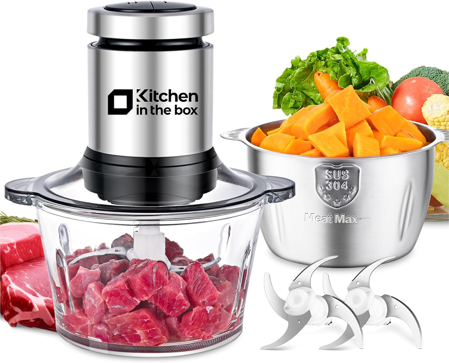 Food Processors,Small Meat Grinder & Food Chopper Electric Vegetable Chopper with 2 Bowls (8 Cup+8 Cup)& 2 Bi-Level Blades for Meat/Fish/Vegetable/Baby Food (Black, 8Cups+8Cups)