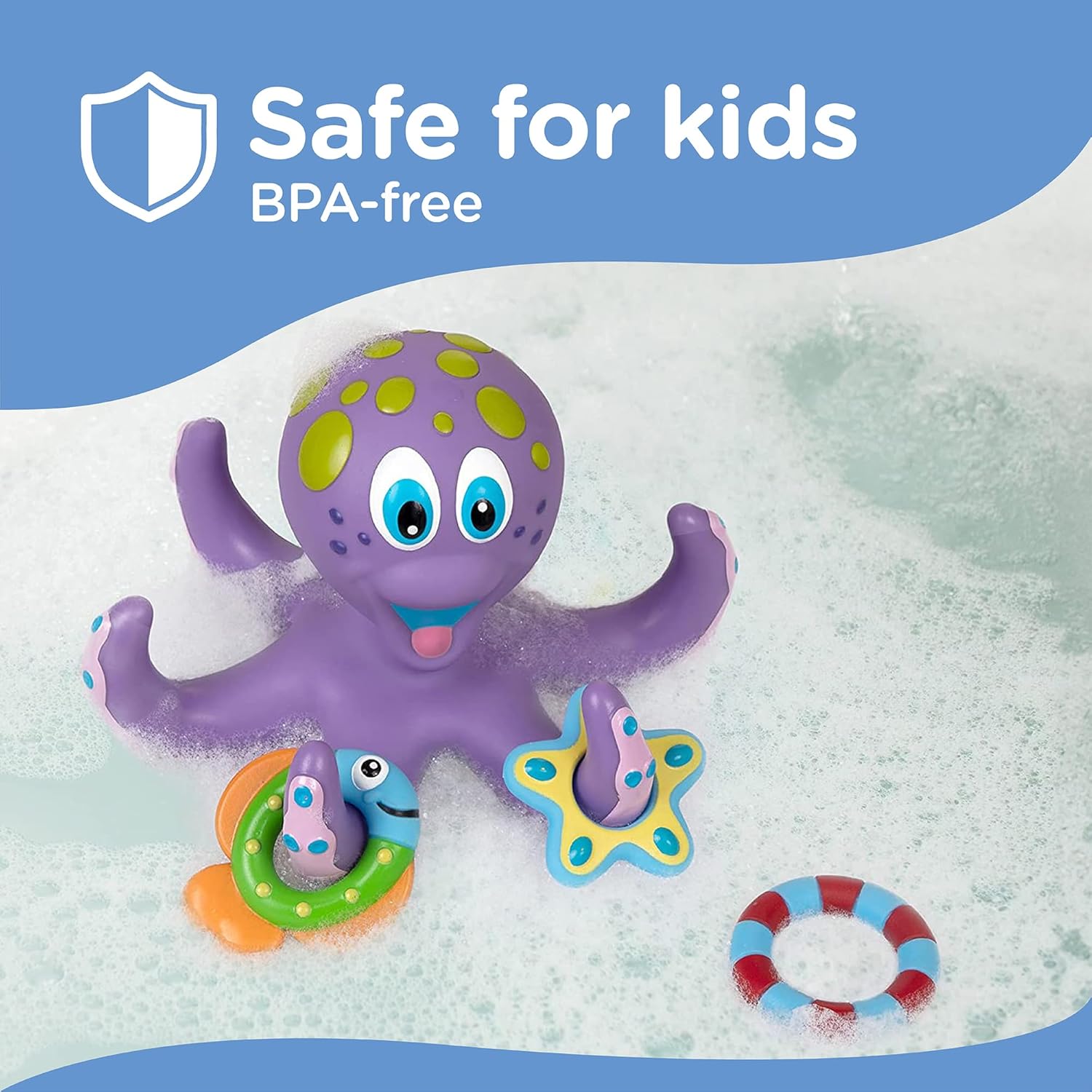 Floating Purple Octopus Toy with 3 Hoopla Rings - Baby Bath Toy for Boys and Girls 18+ Months