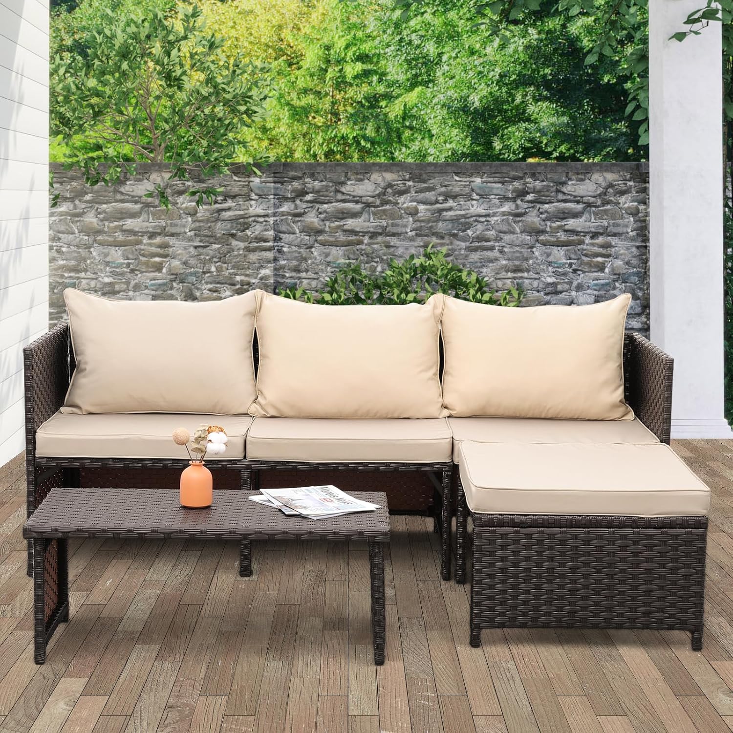 3 Piece Patio Set Outdoor Furniture Set Patio Conversation Sets Outdoor Sectional Sofa Patio Loveseat Coffee Table with Non-Slip Cushions,Khaki