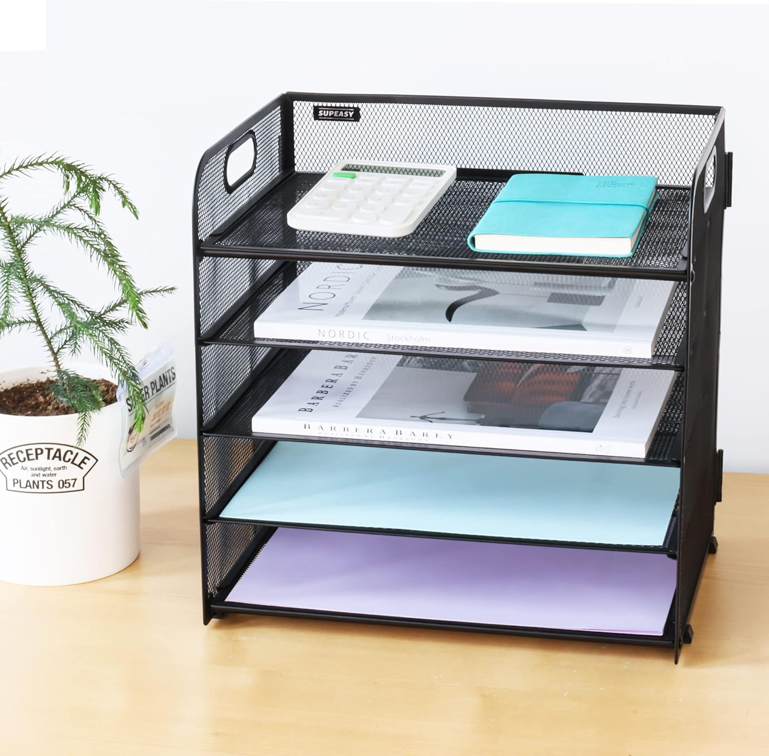 5 Trays Paper Organizer with Handle - Mesh Desk File/Letter Organizer,Black Paper Sorter for Office, Home or School