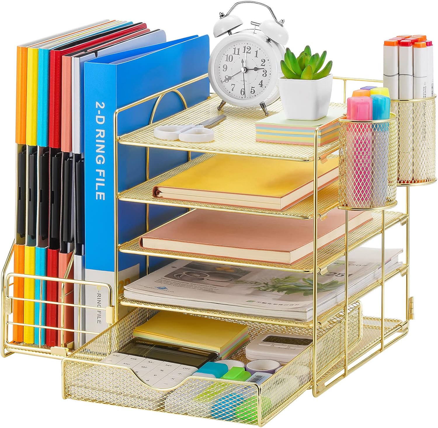 Desk Organizer with File Holder, 5-Tier Paper Letter Tray Organizer with Drawer and 2 Pen Holder, Mesh Desktop Organizer and Storage with Magazine Holder for Office Supplies(Black)