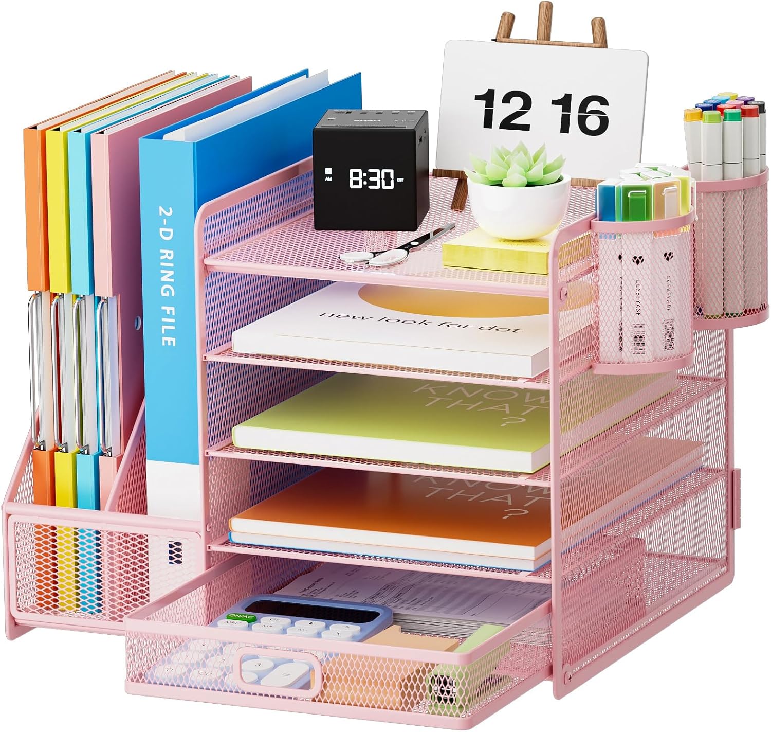 Desk Organizer with File Holder, 5-Tier Paper Letter Tray Organizer with Drawer and 2 Pen Holder, Mesh Desktop Organizer and Storage with Magazine Holder for Office Supplies(Black)