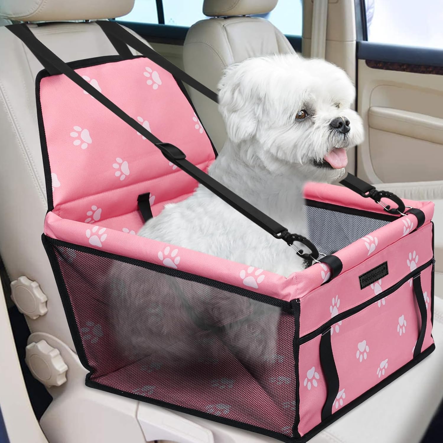 Dog Car Seat Foldable Dog Car Booster Seat Waterproof Breathable Oxford Travel Bag for Small to Medium Dogs, Puppies, and Pets-Pattern Black