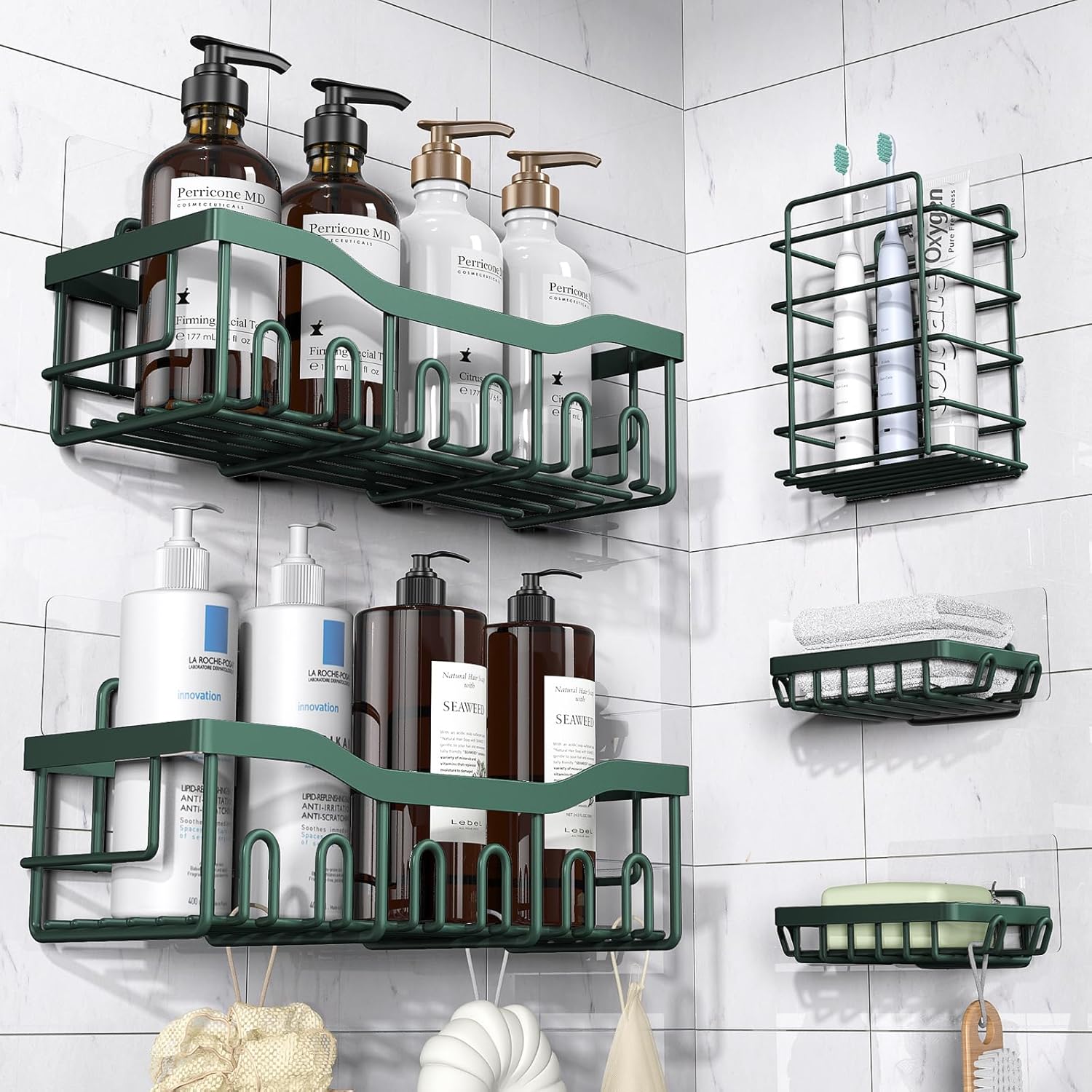 Adhesive Shower Caddy, 5 Pack Rustproof Stainless Steel Bath Organizers with Large Capacity, No Drilling Shelves for Bathroom Storage & Home Decor