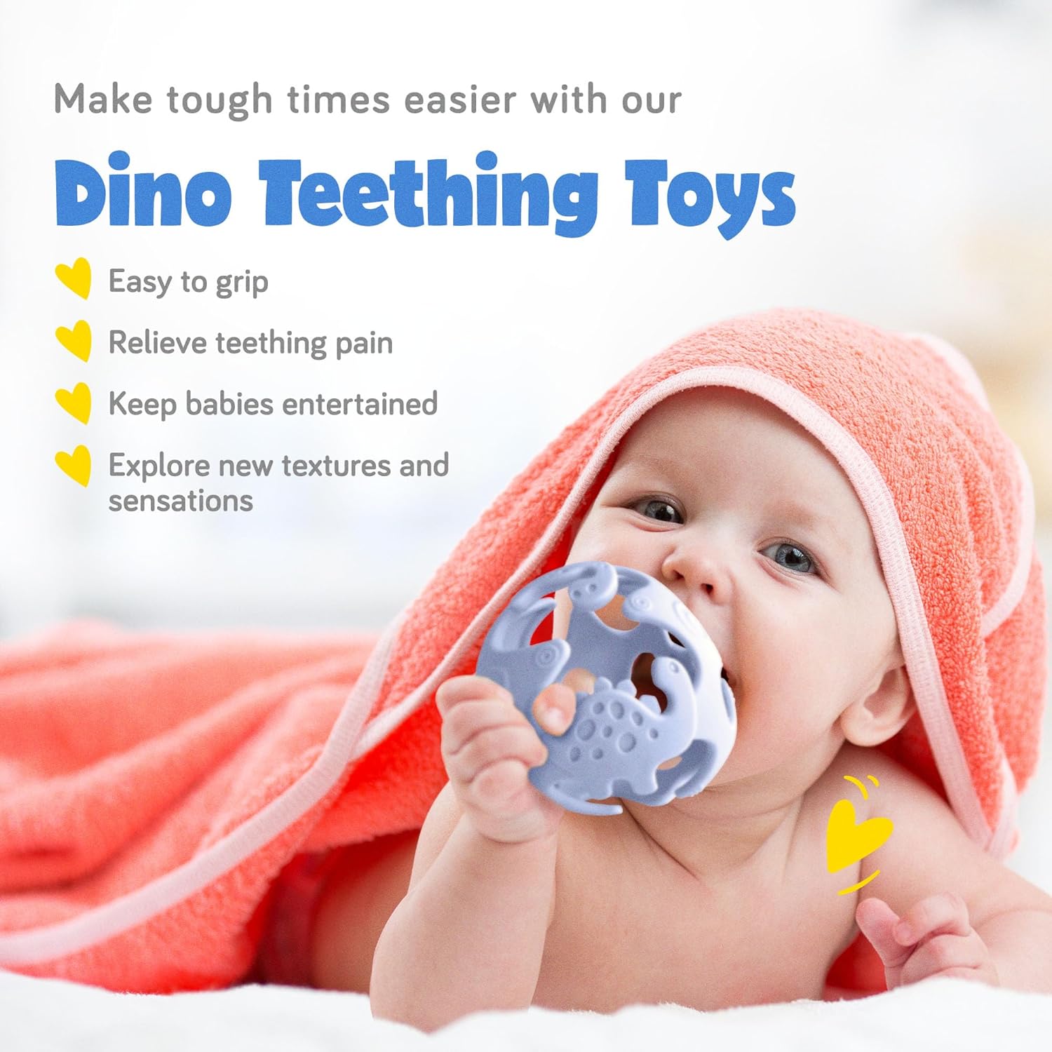 Dinosaur Baby Teething Toys, Food-Grade Silicone Teethers for Babies 0-18 Months, Textured Sensory Balls Teething Toy, Soft and Safe Sensory Chew Toys for Teething Baby Easy to Clean - Raspberry Blue