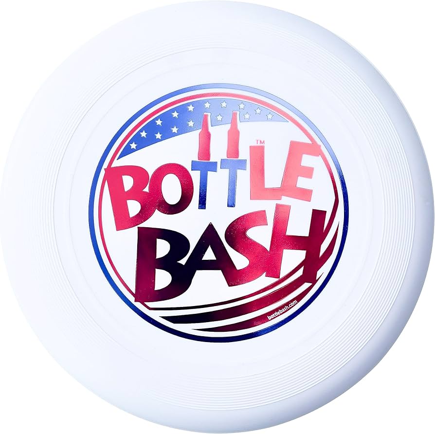 Bottle Bash USA Outdoor Flying Disc Game Set – Disc Toss Game for Family, Adult & Kids, Backyard and Beach Game - Frisbee Target Lawn Game with Poles & Bottles (Beersbee & Polish Horseshoes)