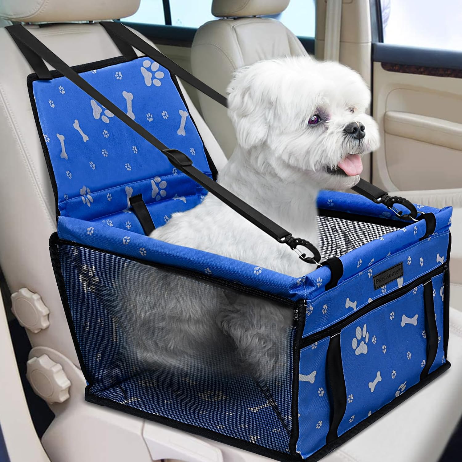 Dog Car Seat Foldable Dog Car Booster Seat Waterproof Breathable Oxford Travel Bag for Small to Medium Dogs, Puppies, and Pets-Pattern Black