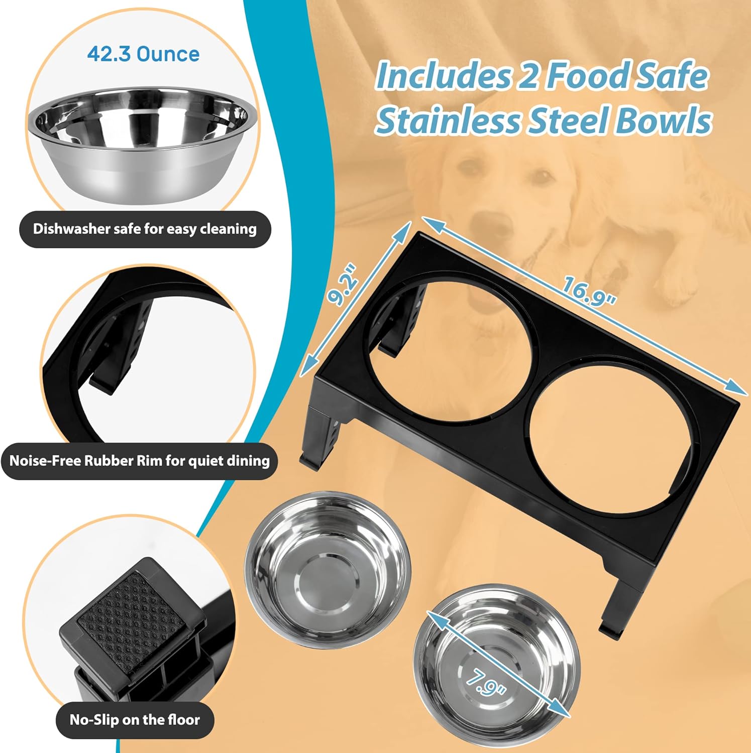 Elevated Dog Bowls with 2 Stainless Steel Dog Food Bowls, Raised Dog Bowl Adjusts to 5 Heights (3.15", 8.66", 9.84",11.02", 12.2") for Small Medium and Large Dogs