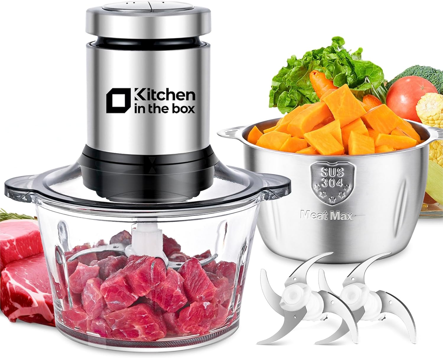 Food Processors,Small Meat Grinder & Food Chopper Electric Vegetable Chopper with 2 Bowls (8 Cup+8 Cup)& 2 Bi-Level Blades for Meat/Fish/Vegetable/Baby Food (Black, 8Cups+8Cups)