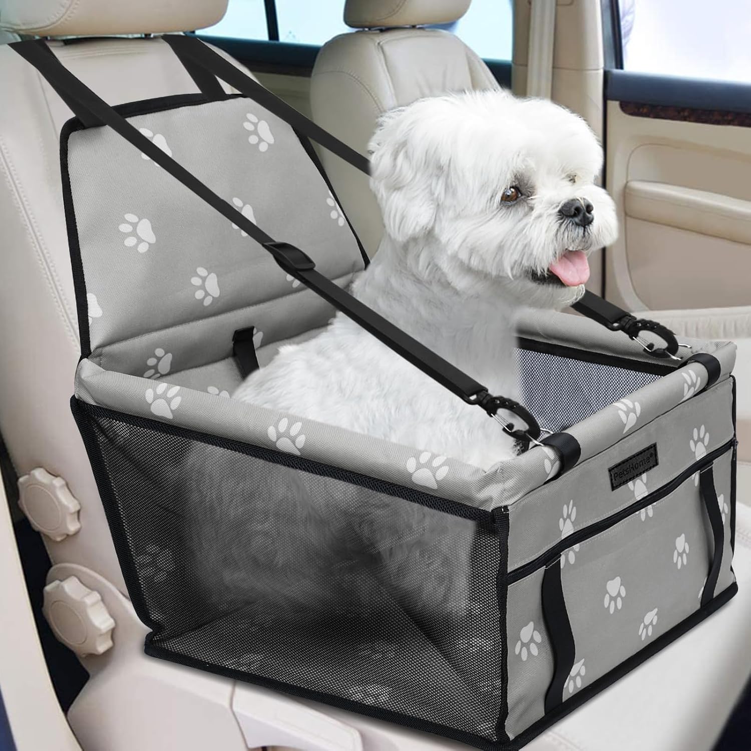 Dog Car Seat Foldable Dog Car Booster Seat Waterproof Breathable Oxford Travel Bag for Small to Medium Dogs, Puppies, and Pets-Pattern Black