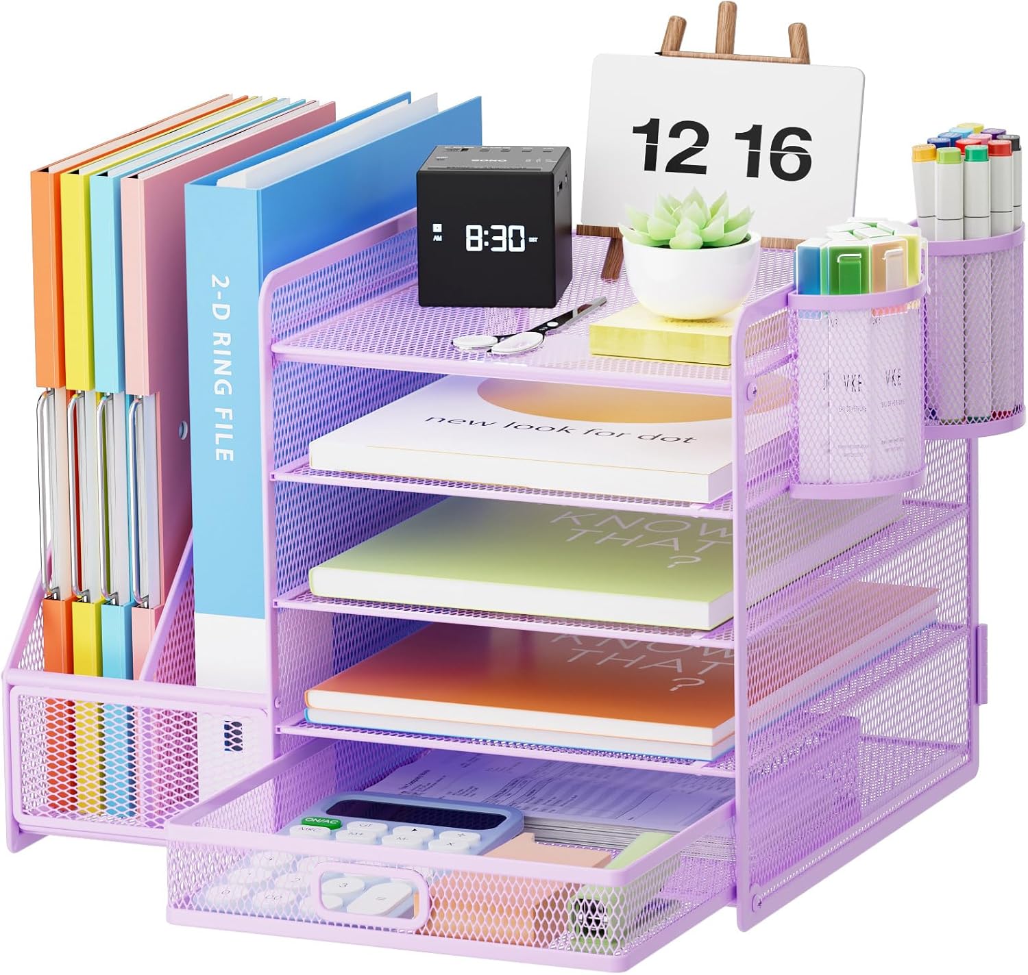 Desk Organizer with File Holder, 5-Tier Paper Letter Tray Organizer with Drawer and 2 Pen Holder, Mesh Desktop Organizer and Storage with Magazine Holder for Office Supplies(Black)