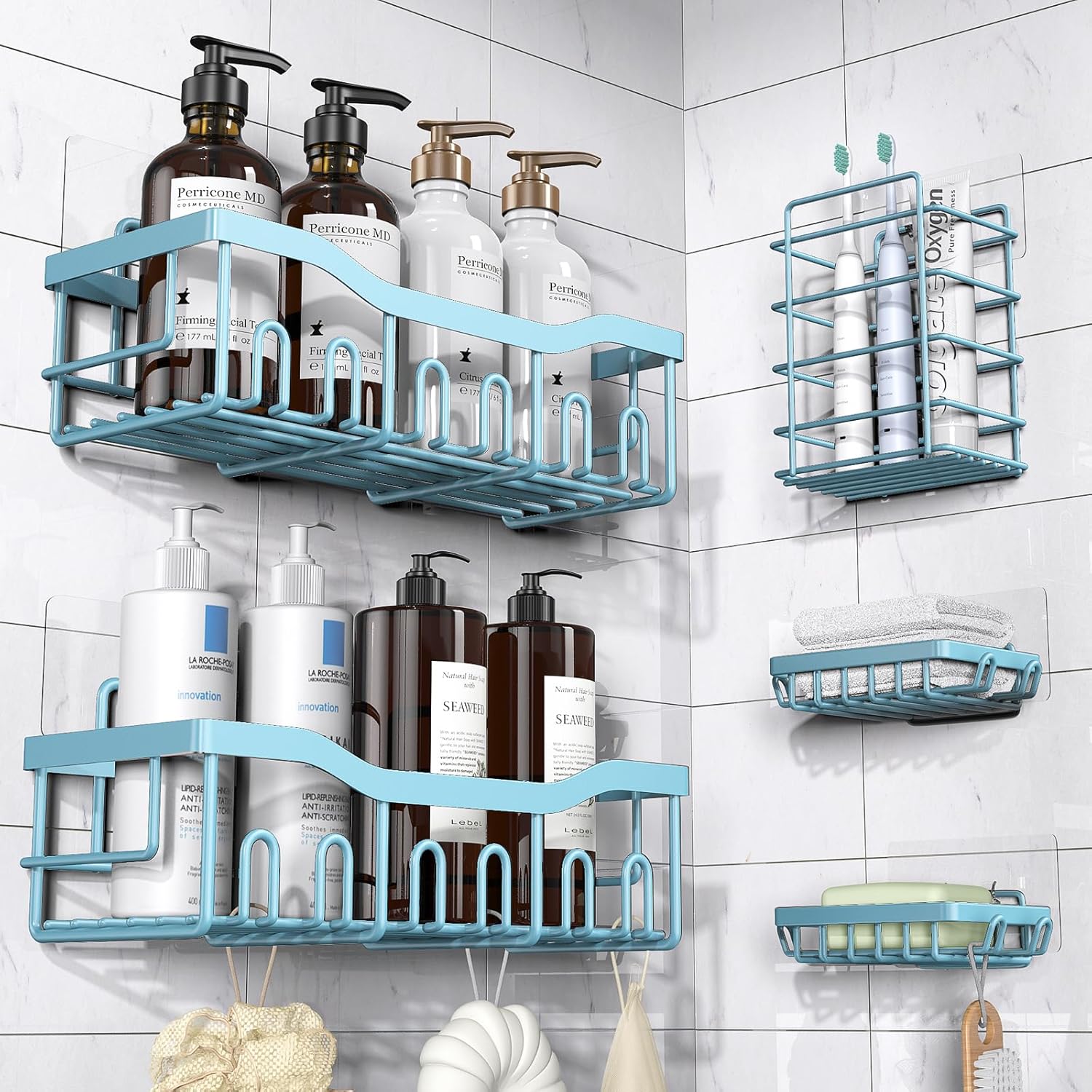 Adhesive Shower Caddy, 5 Pack Rustproof Stainless Steel Bath Organizers with Large Capacity, No Drilling Shelves for Bathroom Storage & Home Decor