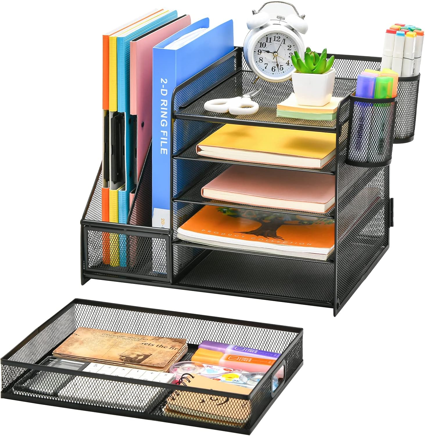 Desk Organizer with File Holder, 5-Tier Paper Letter Tray Organizer with Drawer and 2 Pen Holder, Mesh Desktop Organizer and Storage with Magazine Holder for Office Supplies(Black)