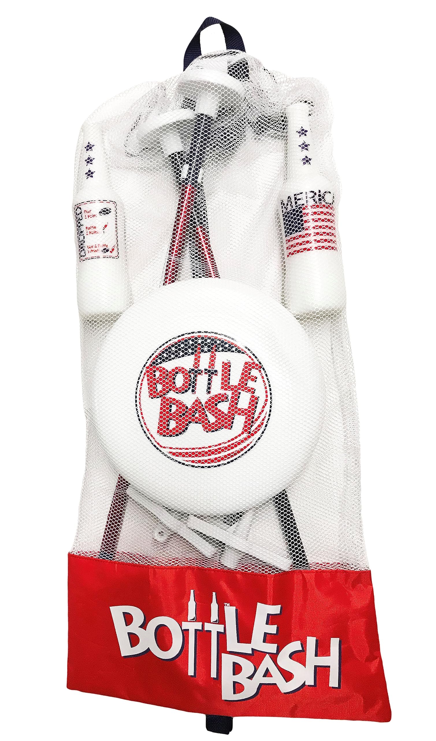 Bottle Bash USA Outdoor Flying Disc Game Set – Disc Toss Game for Family, Adult & Kids, Backyard and Beach Game - Frisbee Target Lawn Game with Poles & Bottles (Beersbee & Polish Horseshoes)