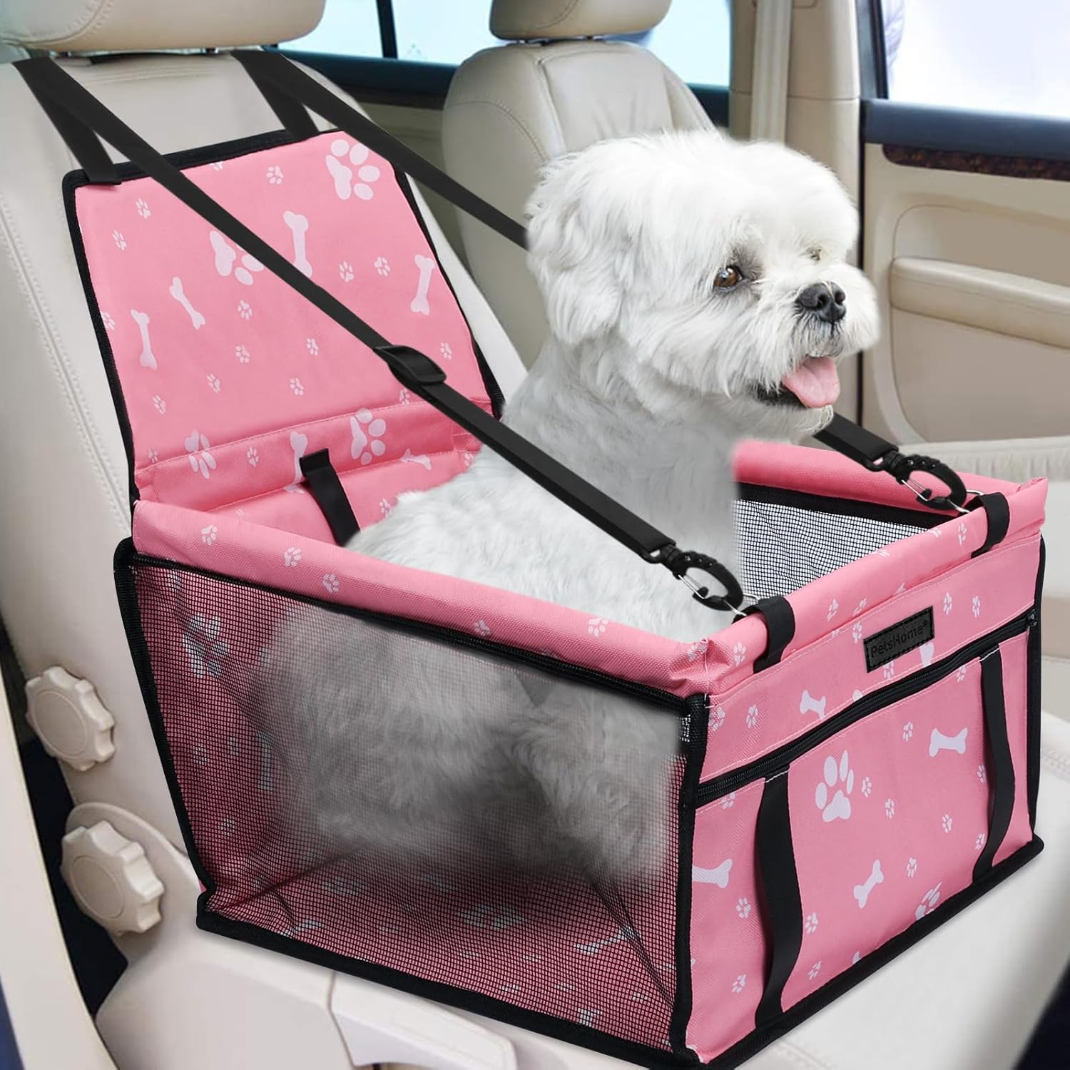 Dog Car Seat Foldable Dog Car Booster Seat Waterproof Breathable Oxford Travel Bag for Small to Medium Dogs, Puppies, and Pets-Pattern Black