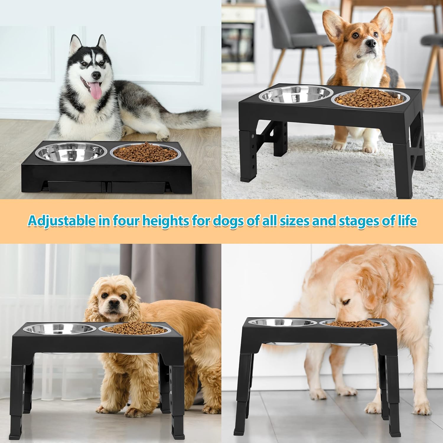 Elevated Dog Bowls with 2 Stainless Steel Dog Food Bowls, Raised Dog Bowl Adjusts to 5 Heights (3.15", 8.66", 9.84",11.02", 12.2") for Small Medium and Large Dogs