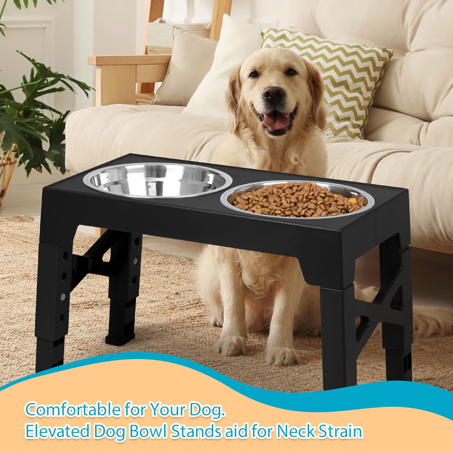 Elevated Dog Bowls with 2 Stainless Steel Dog Food Bowls, Raised Dog Bowl Adjusts to 5 Heights (3.15", 8.66", 9.84",11.02", 12.2") for Small Medium and Large Dogs