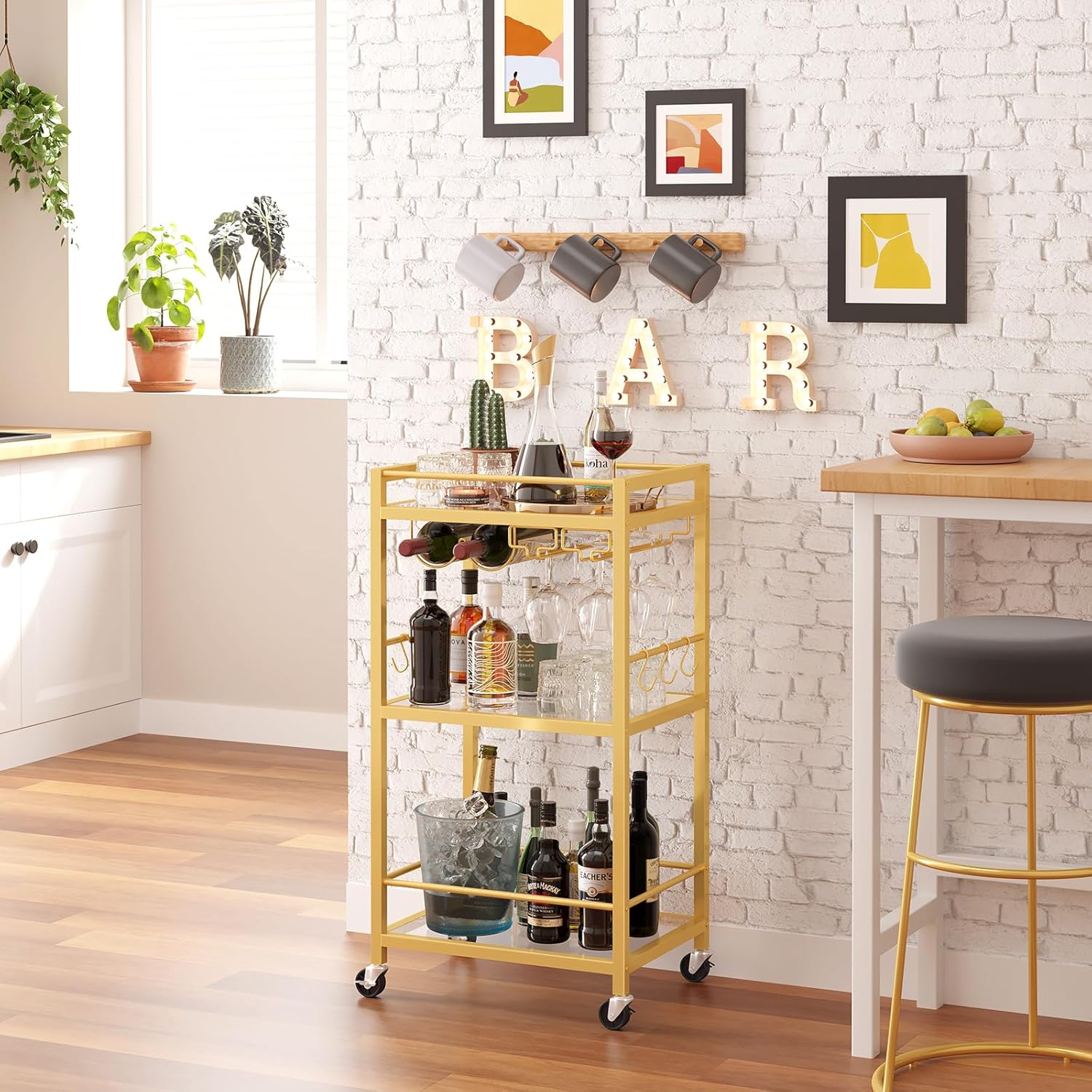 Bar Cart, Home Bar Serving Cart with 3-Tier Mirrored Shelf, Microwave Cart, Drink Cart, Mobile Kitchen Shelf with Wine Rack, Rolling Beverage Cart, Gold