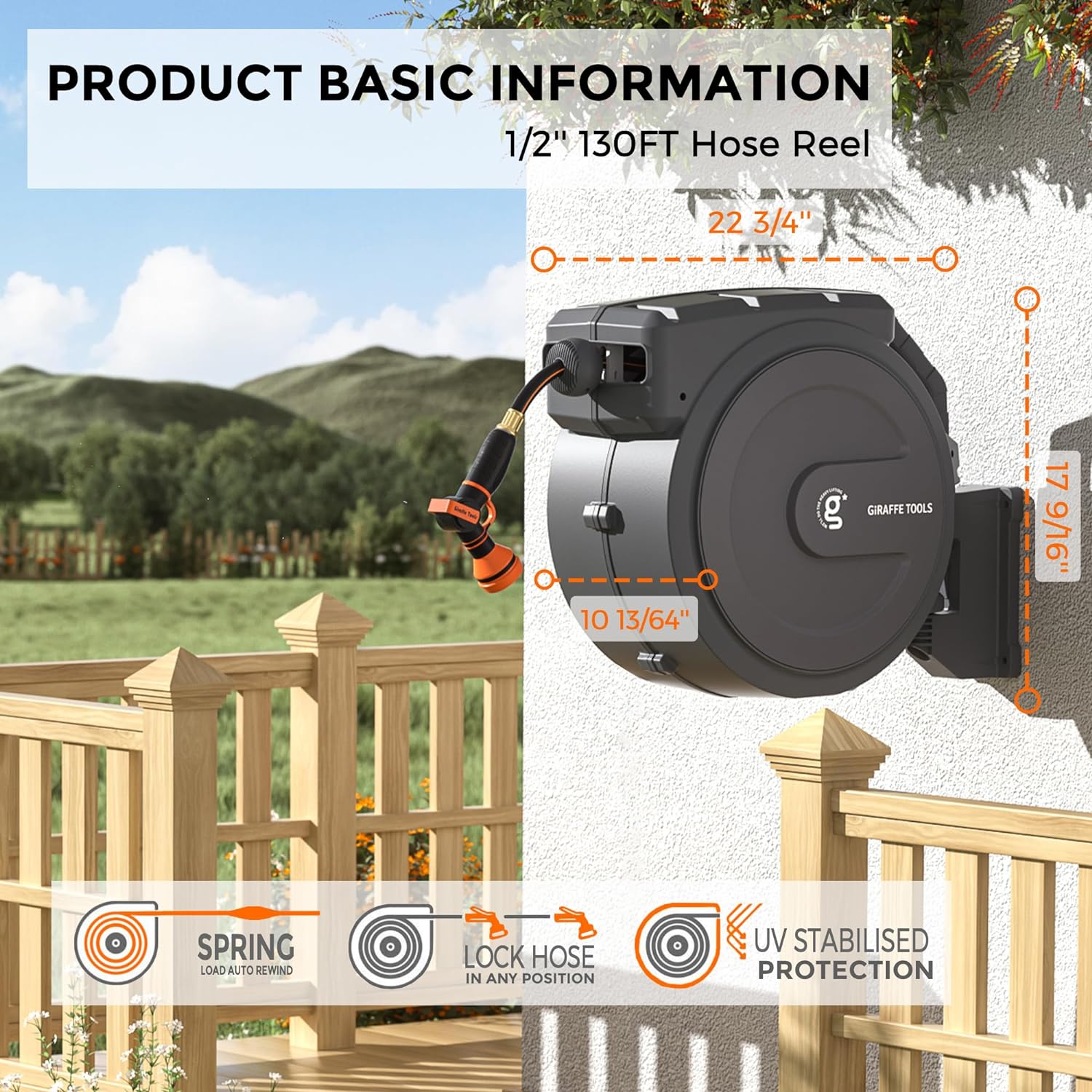 Retractable Garden Hose Reel 1/2 Inch X 130 Ft, Super Heavy Duty, Any Length Lock, Slow Return System, Wall Mounted and 180 Deg Swivel Bracket