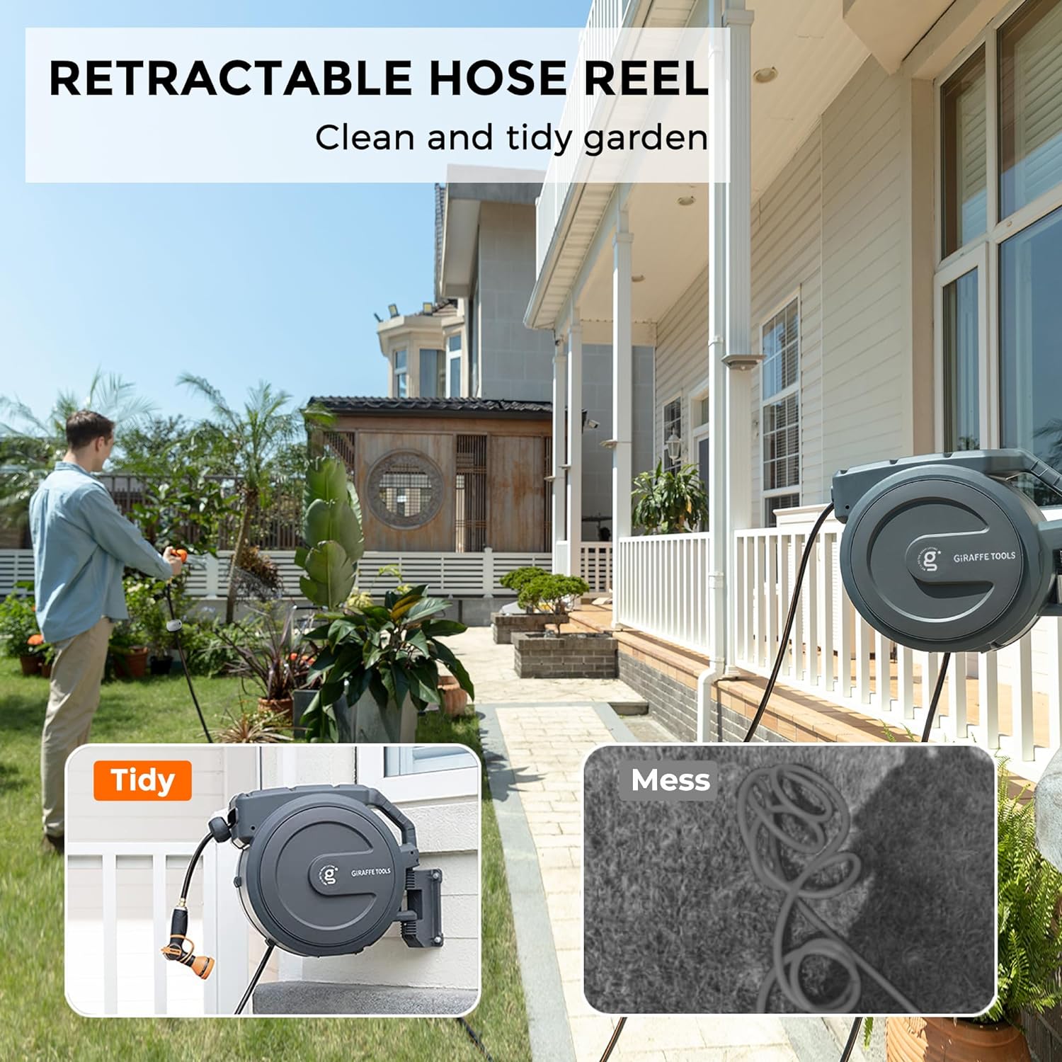 Retractable Garden Hose Reel 1/2 Inch X 130 Ft, Super Heavy Duty, Any Length Lock, Slow Return System, Wall Mounted and 180 Deg Swivel Bracket