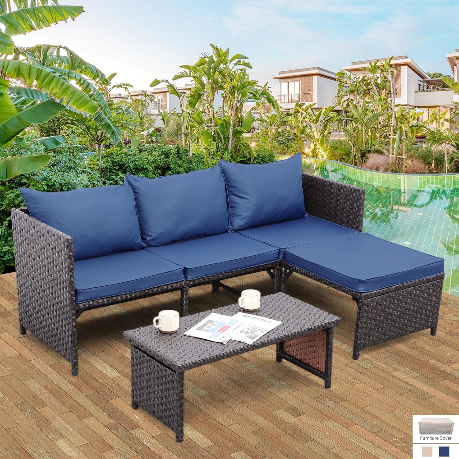 3 Piece Patio Set Outdoor Furniture Set Patio Conversation Sets Outdoor Sectional Sofa Patio Loveseat Coffee Table with Non-Slip Cushions,Khaki