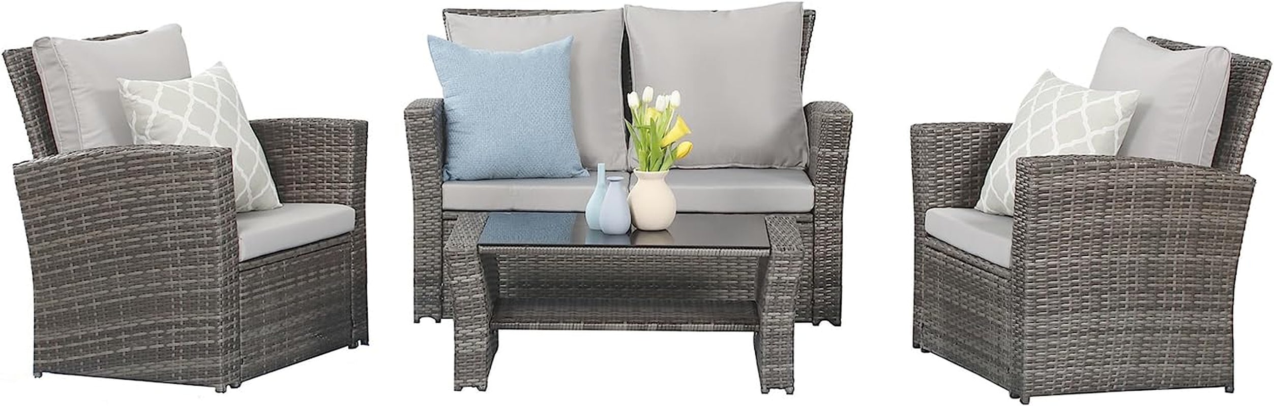 4 Piece Outdoor Patio Furniture Sets, Wicker Conversation Set for Porch Deck, Gray Rattan Sofa Chair with Cushion