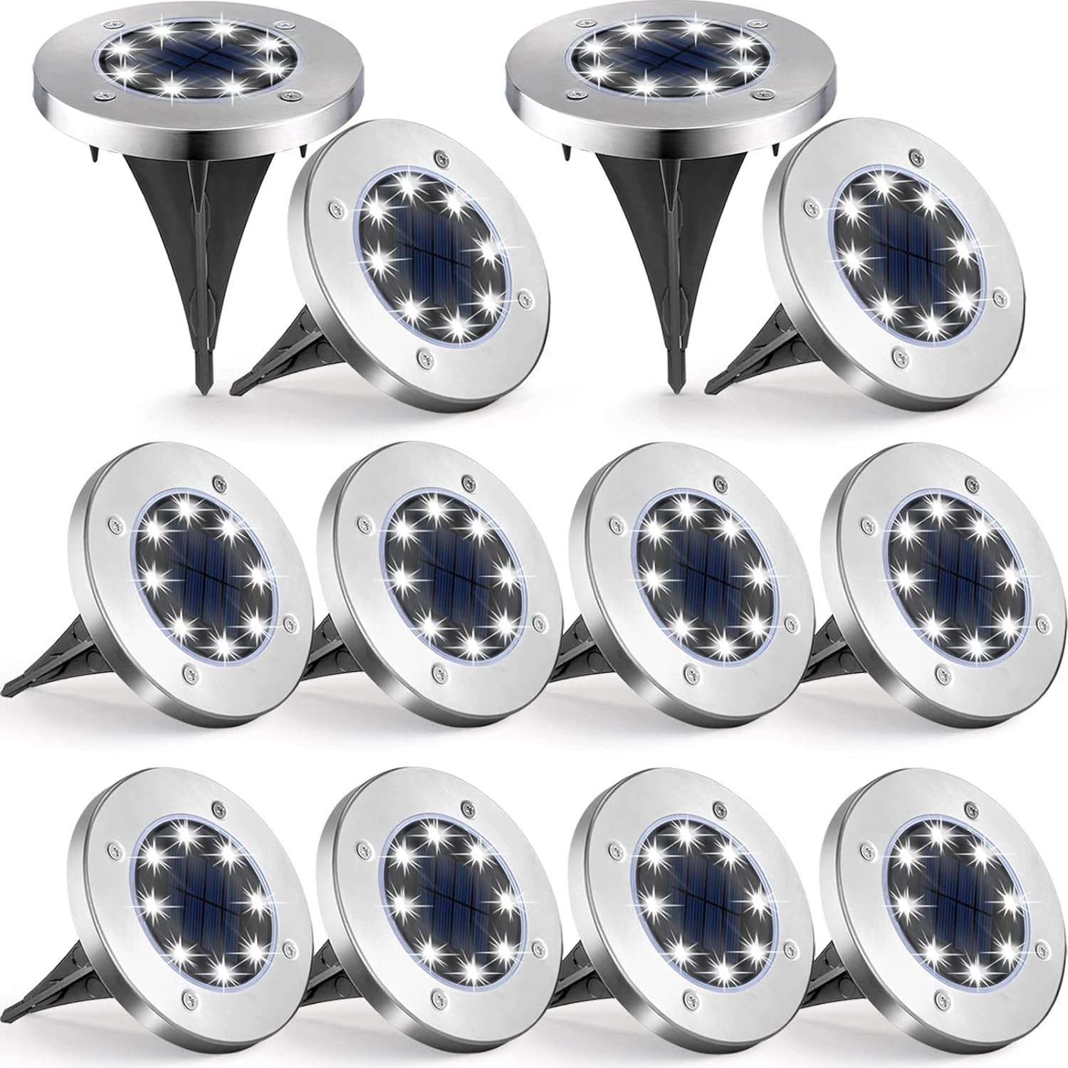 12 Pack Solar Ground Lights，Outdoor Waterproof LED Solar Garden Lights, Disk Lights for Lawn Pathway Yard Walkway Driveway Patio Deck, Solar Lights (Cold White)