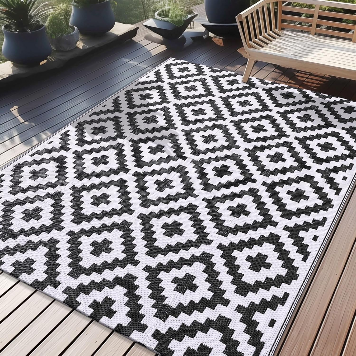 Waterproof Outdoor Rug 5X8 Ft, Reversible Plastic Straw Patio Rug for Camping, RV Mat Outside, Indoor Outdoor Carpet for Porch, Deck, Backyard, Camper, Balcony, Picnic, Black & White