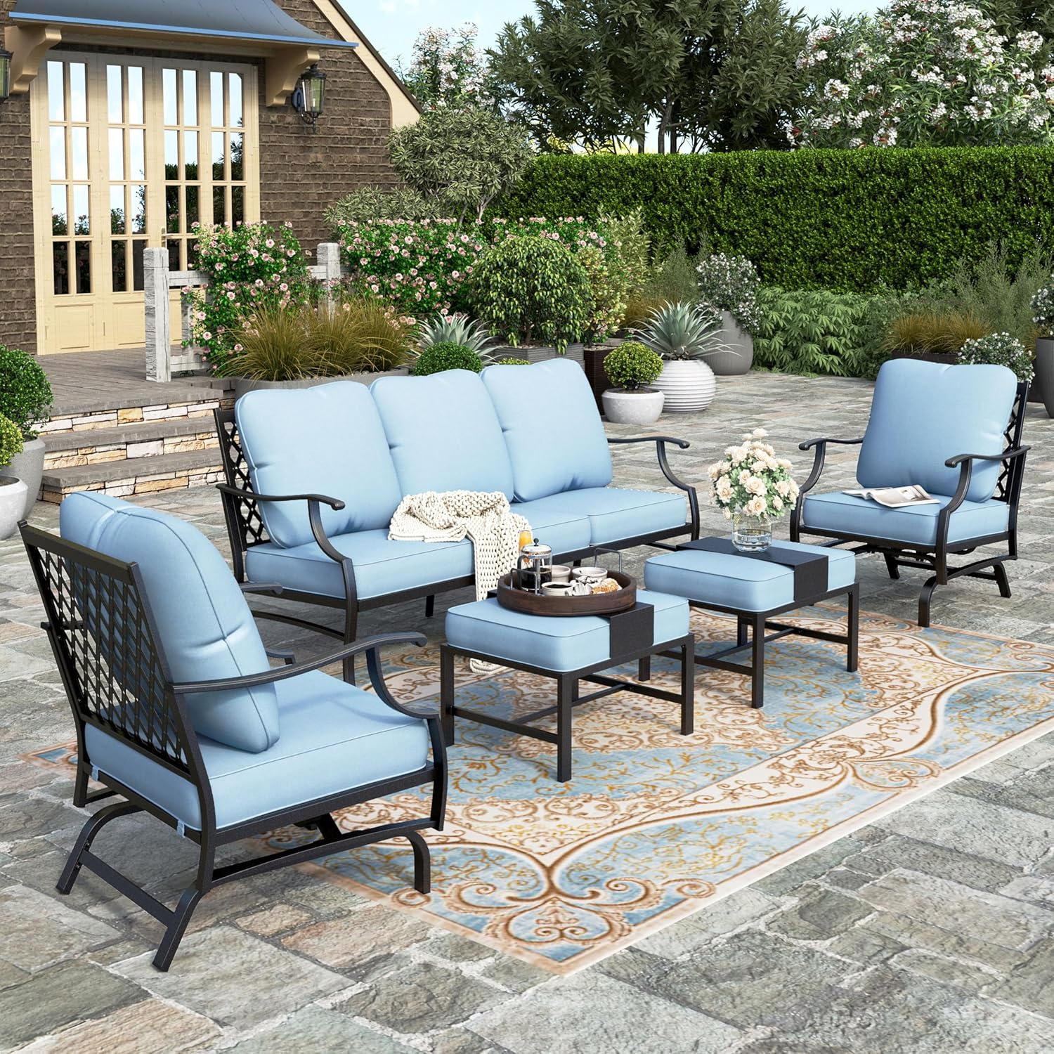 5 Piece Patio Furniture Set, 2 X Swivel Chair, 2 X Ottoman, 1 X 3-Seat Sofa, All Cushioned 7 Seats Outdoor Conversation Set for Lawn Garden Backyard